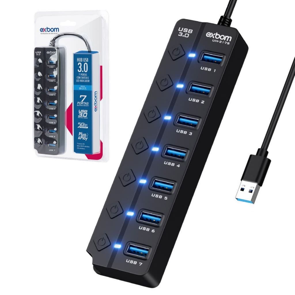 Hub de Expansão USB 3.0 7 em 1 com Interruptores Liga e Desliga UH-317S EXBOM