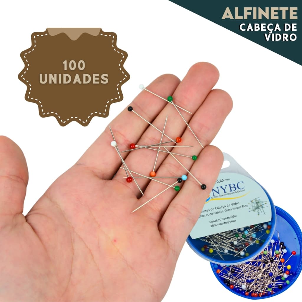 Alfinete Cabeça de Vidro - C/100 - Ideal Para Trabalhos De Costura, Patchwork e Artesanato - SHEFA