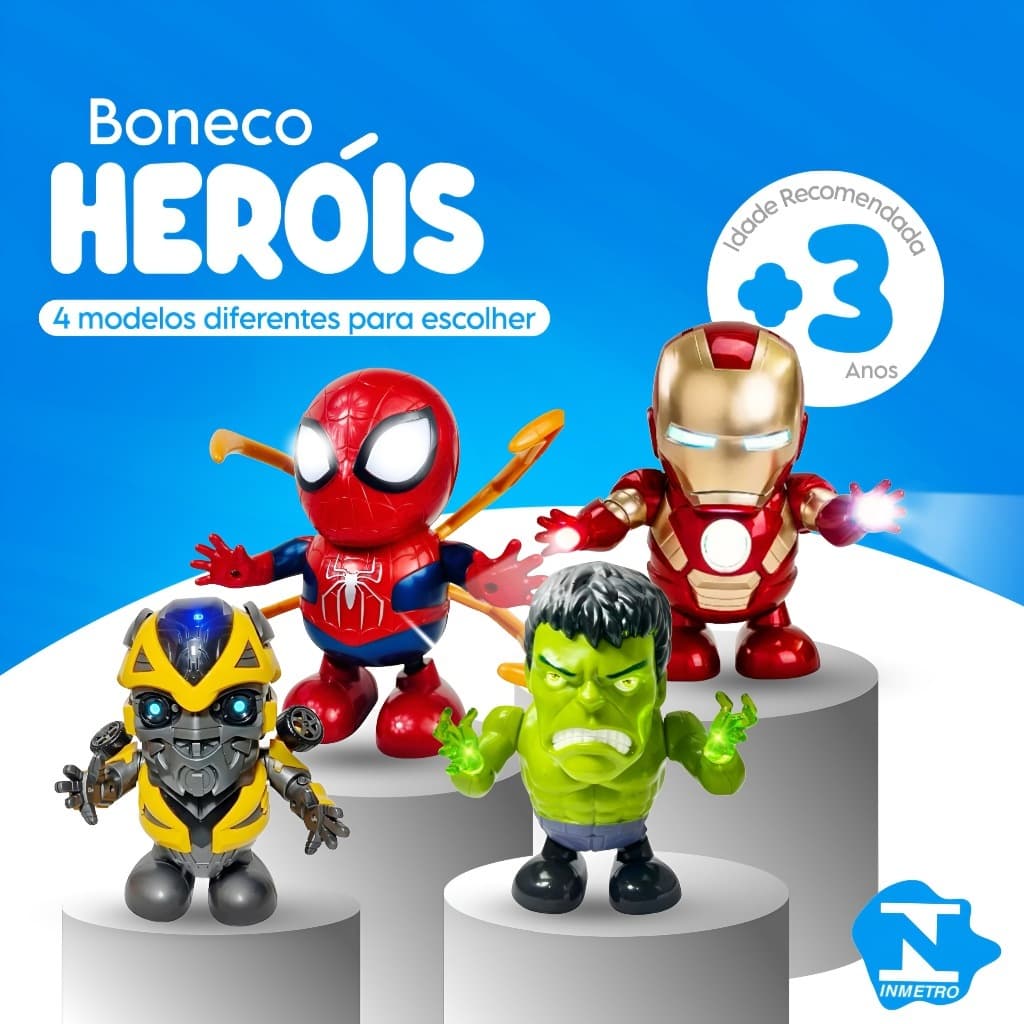 Brinquedo Robô Dançarino Heróis Boneco Homem de Ferro Homem Aranha Hulk Transformers Luz Led e Musical