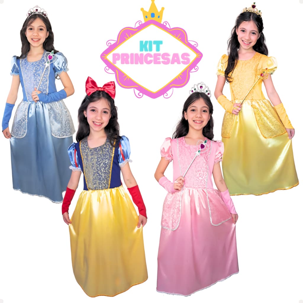 Fantasia de Princesa Menina Luxuoso Vestido Longo de Cetim com Kit Acessórios Luvas Coroa Varinha