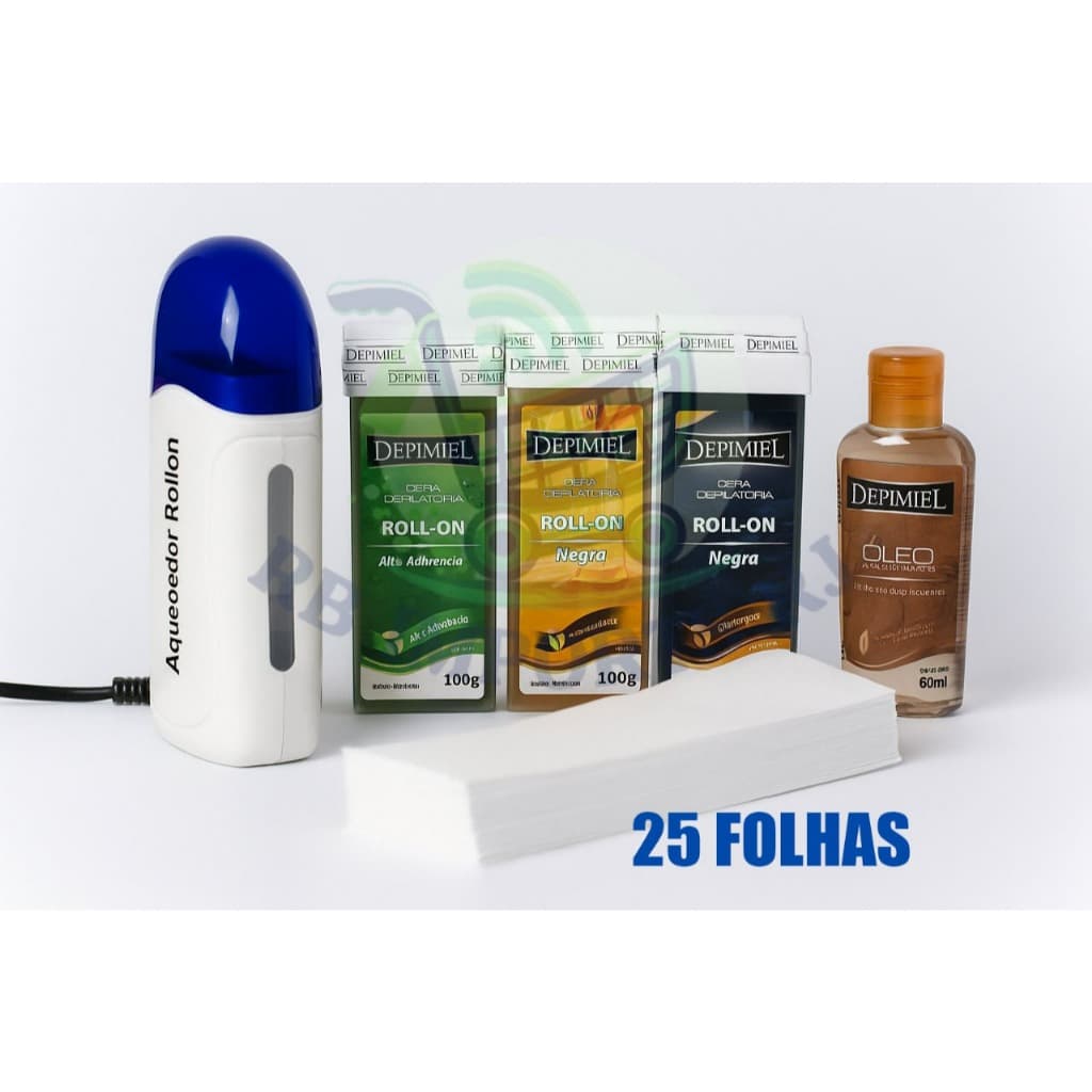Kit Ceras Quente Depimiel 100g + Aquecedor Roll On + Óleo Removedor 25 Folhas Para Depilaçao