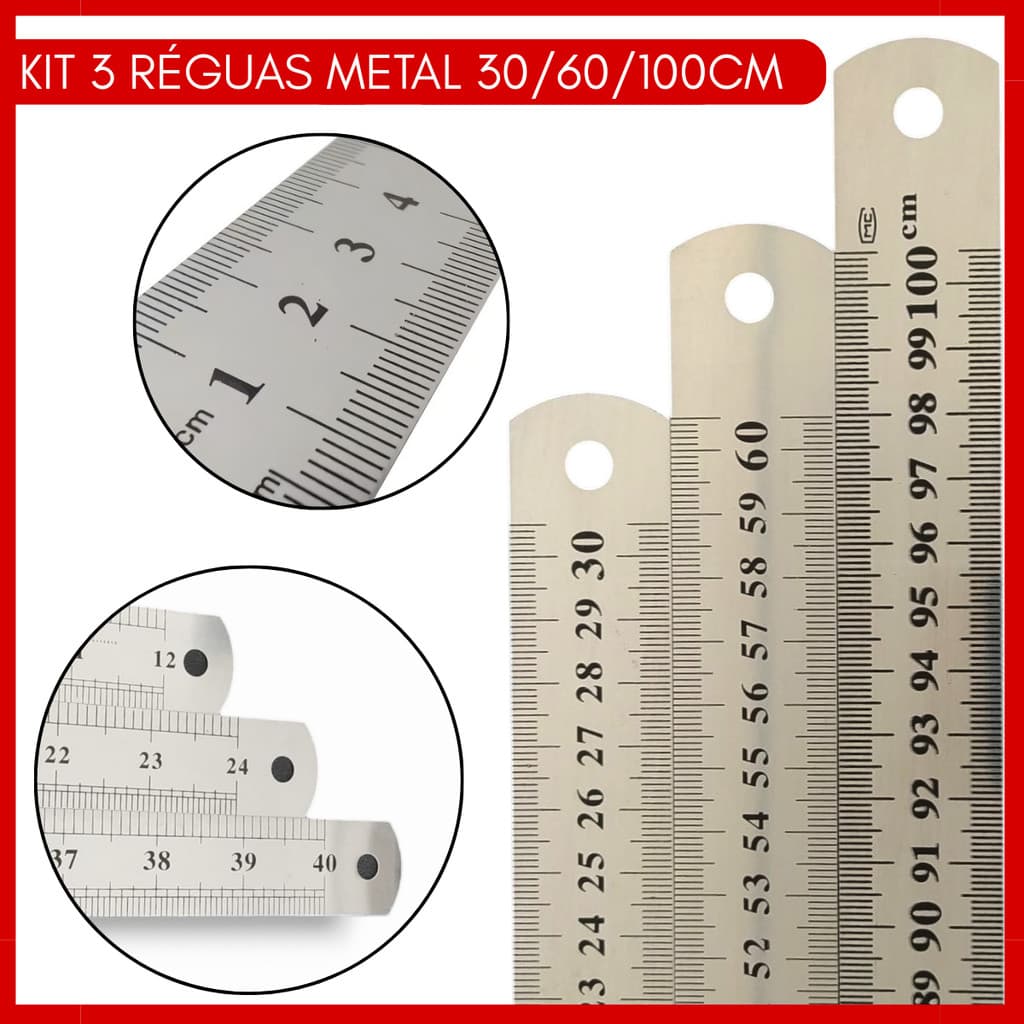 Kit Régua Aço Inox Metal 30cm/60cm/100cm Patchwork Scrapbook