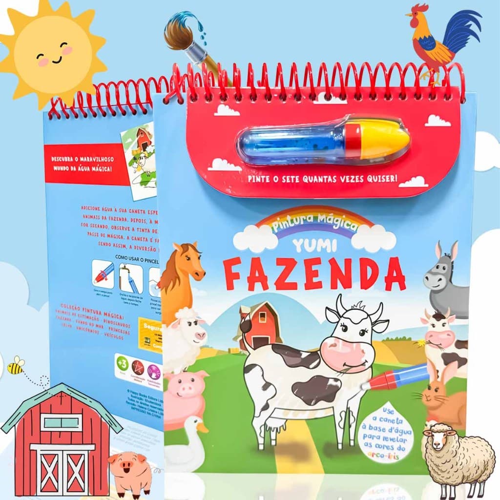 Livro Infantil Pinte Com Água Animais da Fazenda | Acompanha Pincel Para Crianças - Capa Dura Espiral