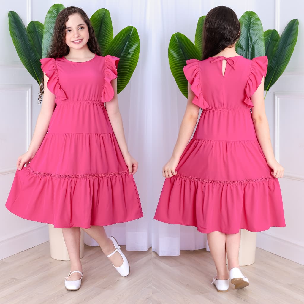 vestido infantil juvenil de borboleta com babado elástico na cintura com forro com renda na saia tecido crepinho