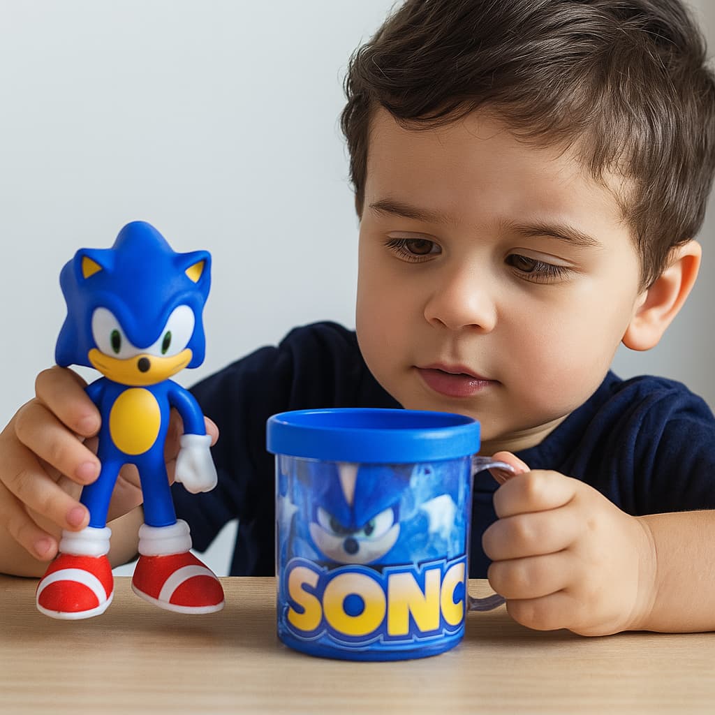 Boneco Sonic 16cm Sega Coleção + Caneca Personalizada 350ml Infantil Ouriço famoso Filme Sonic 3