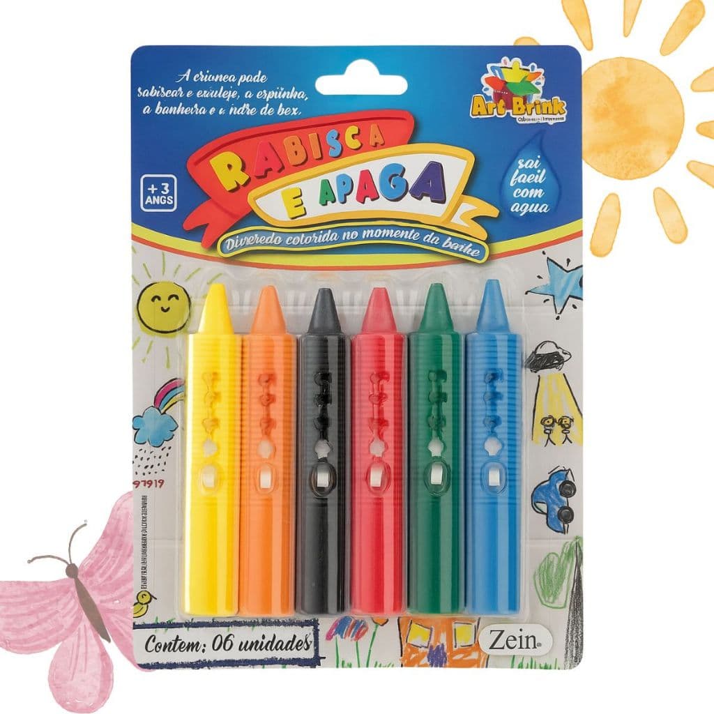 Caneta Giz de Cera Rabisca e Apaga Lavável Sai Facil Agua Banho Colorido 6un
