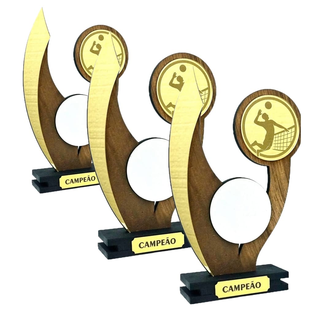 Kit 3 Troféus VÔLEI para personalizar – Design Moderno em Madeira e Acrílico