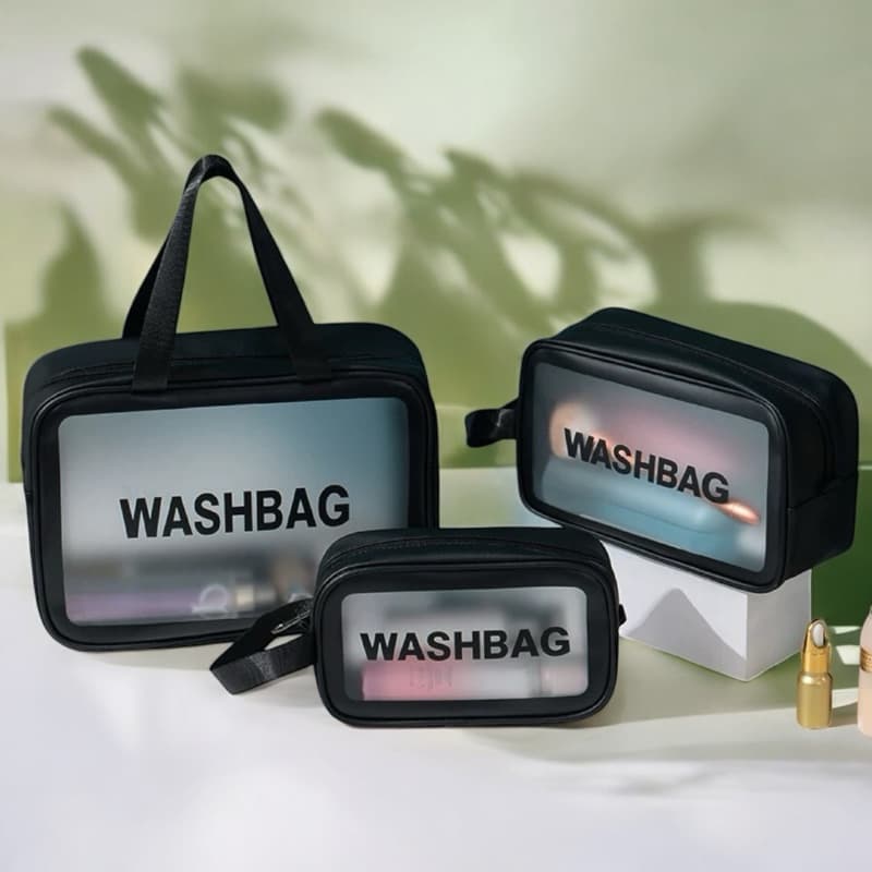 Kit 3 Necessaire Maquiagem Transparente WashBag Resistente Durável