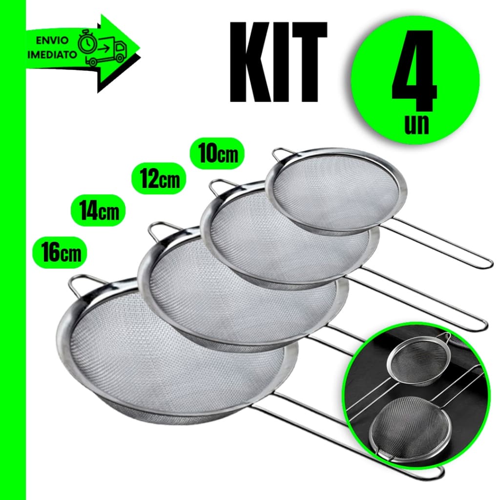 Kit 4 Peneira Aço Inox 16cm 14cm 12cm 10cm Para Sua Cozinha Restaurante Lanchonete Bar