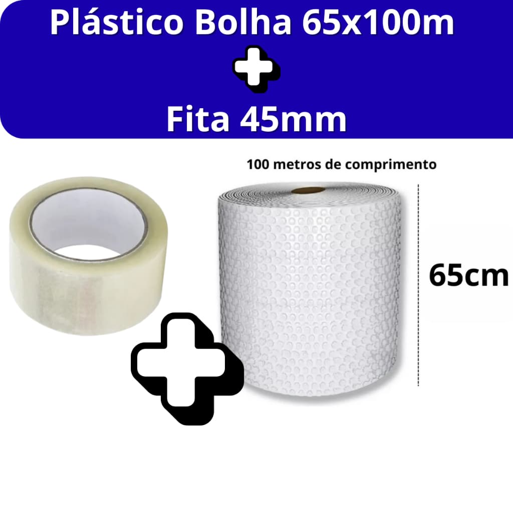 Plástico Bolha Bobina 65cm X 100 metros Mais Fita 45mm 100m Proteção Mudança E-Commerce 25 micras