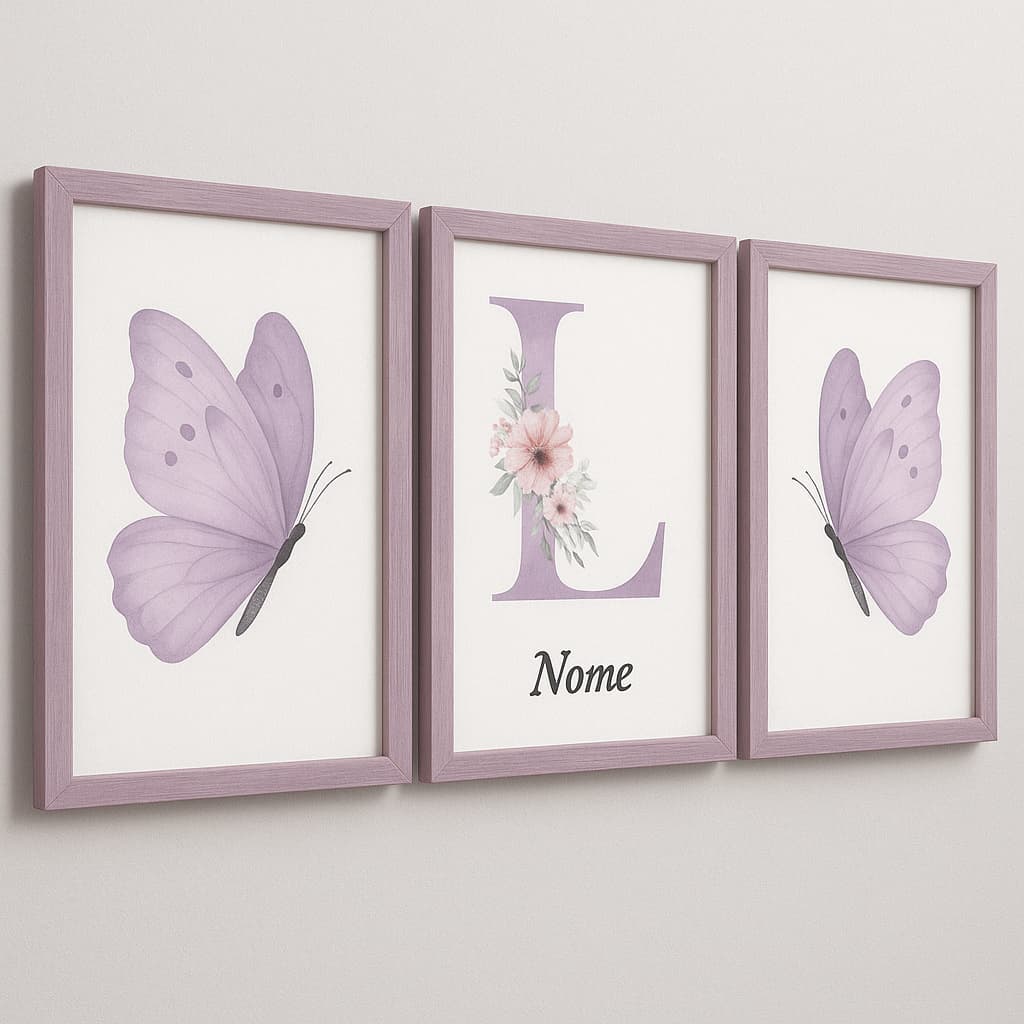 Kit 3 Quadros Decorativos Infantil Personalizado Borboletas Roxas Menina Mosaico Sala Quarto