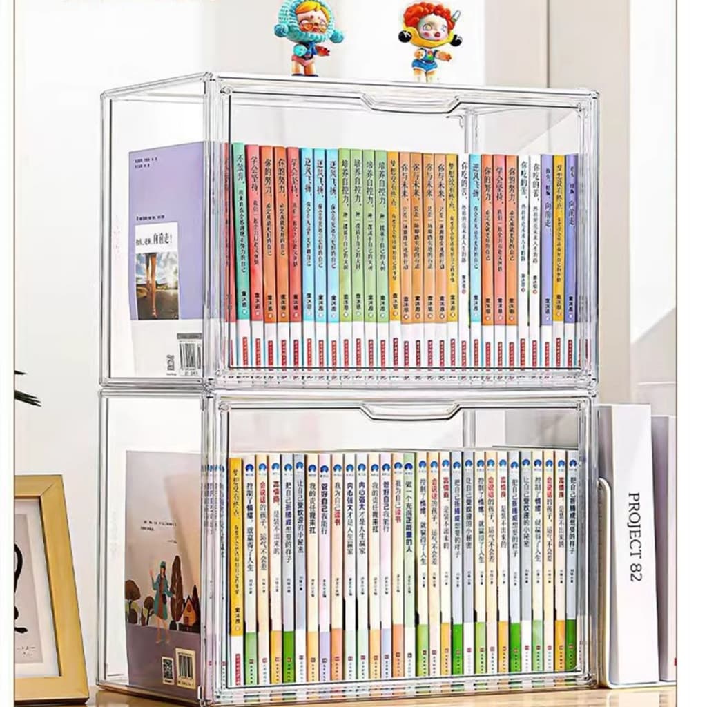 Caixa Organizadora de Livros Acrílico Grande Capacidade Transparente com Tampa Exibição Proteção Contra Poei