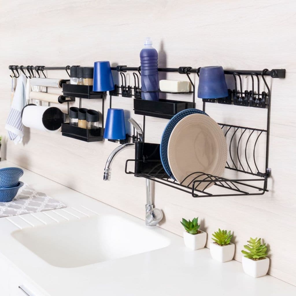 Kit Cozinha Suspensa Escorredor Louça de Parede Kit 14 Porta Copos Talheres Temperos Papel Toalha