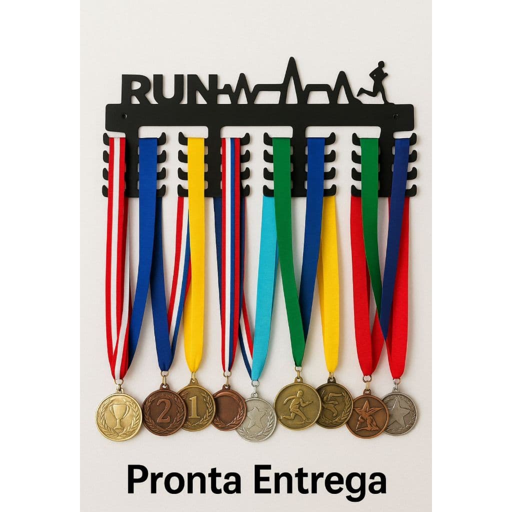 Porta Medalhas Corrida RUN MDF Preto | Capacidade 32 Unidades