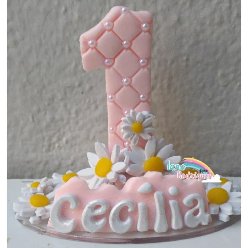 vela personalizada biscuit margarida flores branca com amarelo rosa