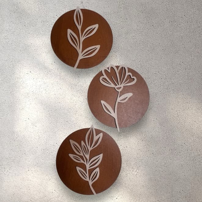 Trio Quadros Redondos Decorativos Moderno Decoração Mdf Flor Folhagem