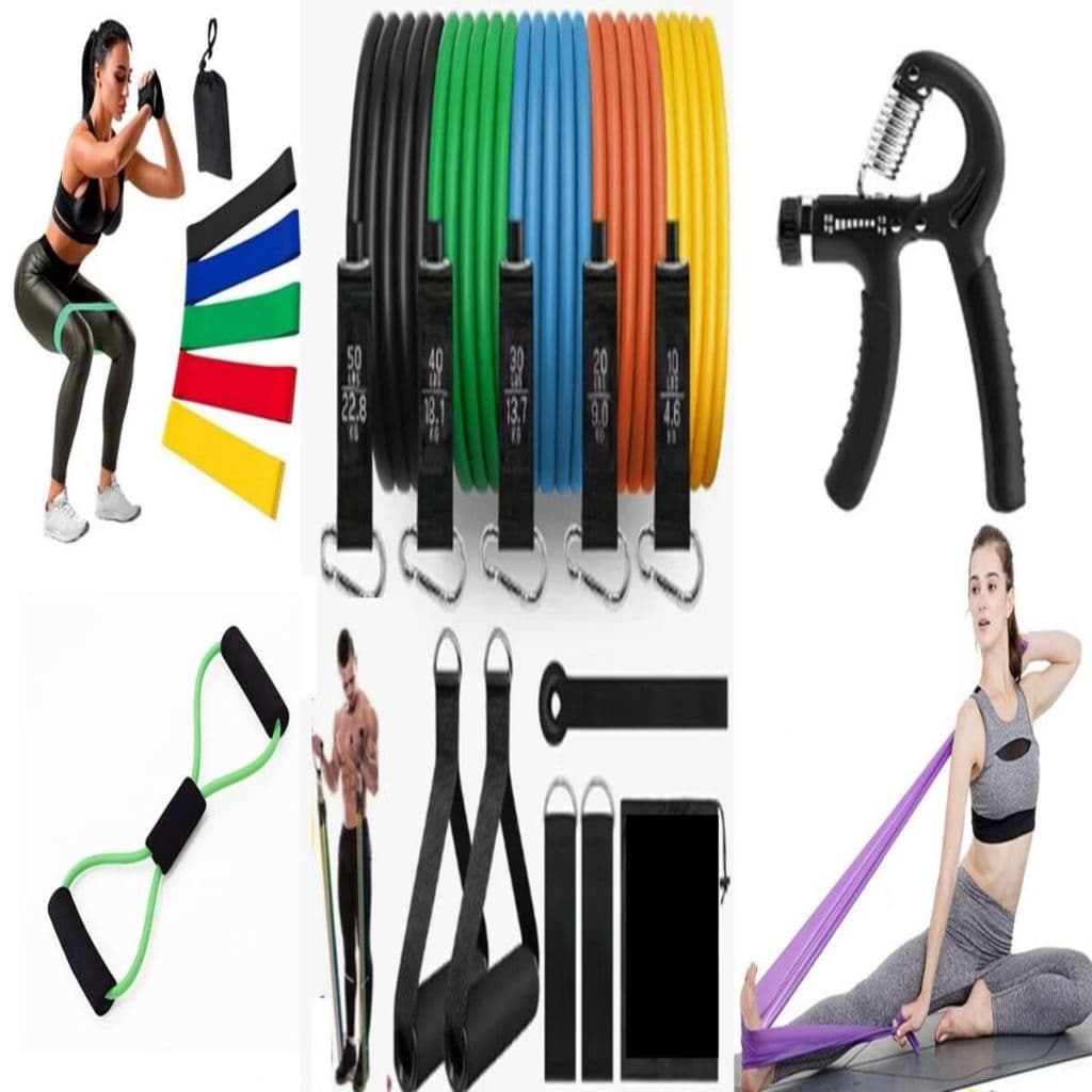 Kit 20 Itens Treino em  Casa: 11 Elásticos Extersores + 5 Mini band + Hand Grip + Thera Band  + CrossTube