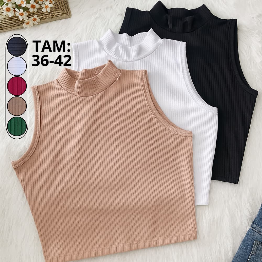 Kit 3 Cropped Canelado Feminino Gola Alta Canelado Premium