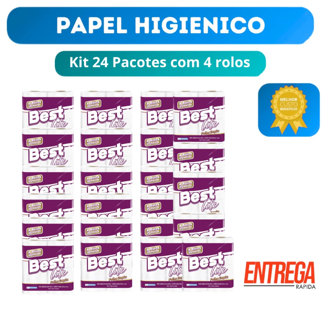 Kit 24 Pacotes com 4 rolos cada Papel Higiênico Best Lite Folha Dupla Neutro 20m Banheiro Fardo Atacado