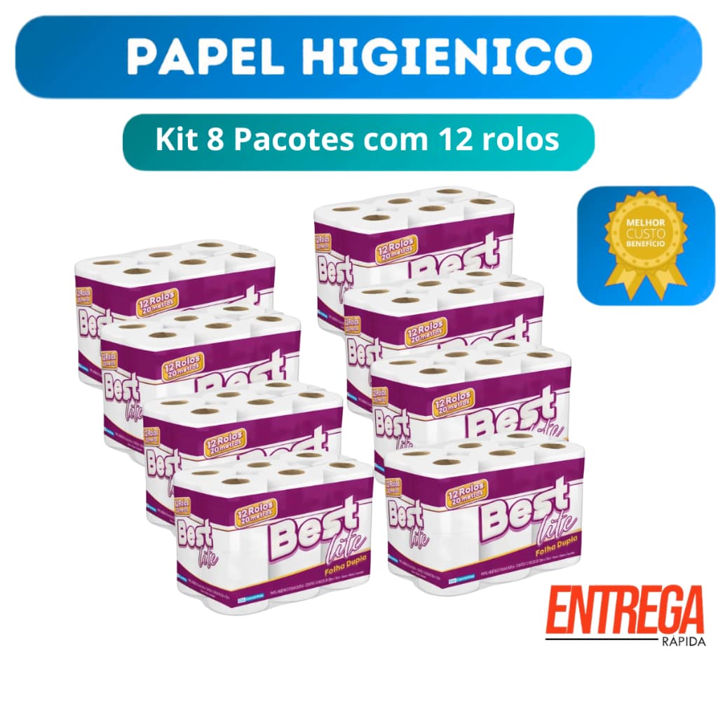 Kit 8 Pacotes com 12 rolos cada Papel Higiênico Best Lite Folha Dupla Neutro 20m Banheiro Fardo Atacado