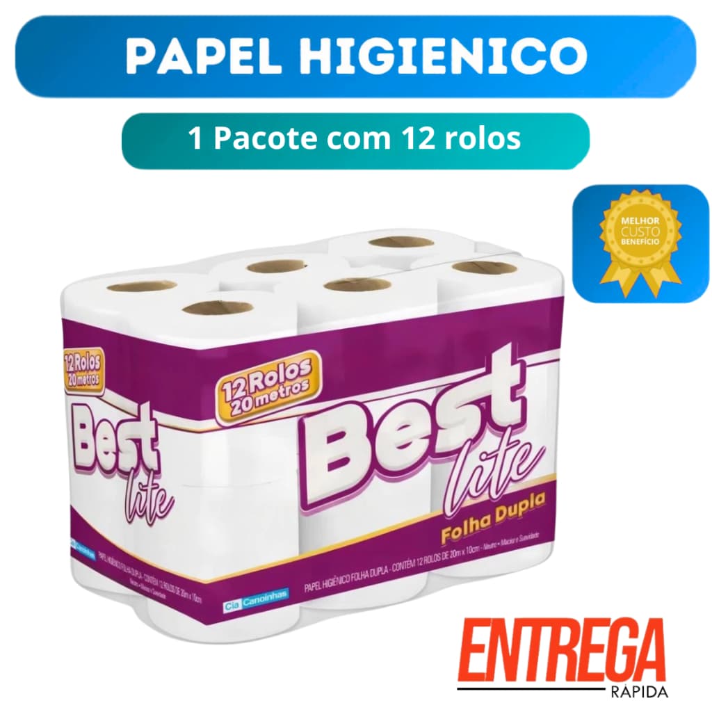Papel Higiênico Best Lite com 12 Rolos Folha Dupla Neutro 20m Branco Suave Absorvente Banheiro Atacado Casa