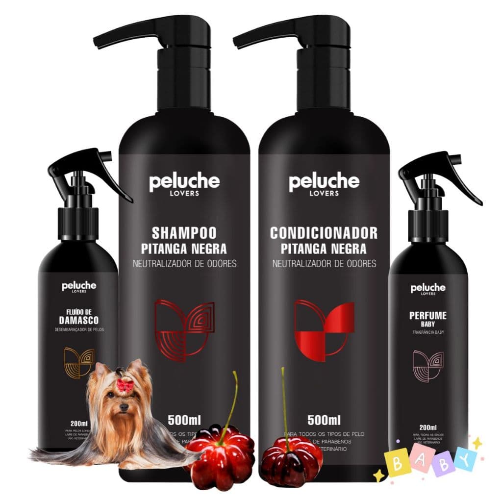 Shampoo e Condicionador Pet Eliminador de Odor Pitanga Negra Desembaraçador Perfume Baby Peluche