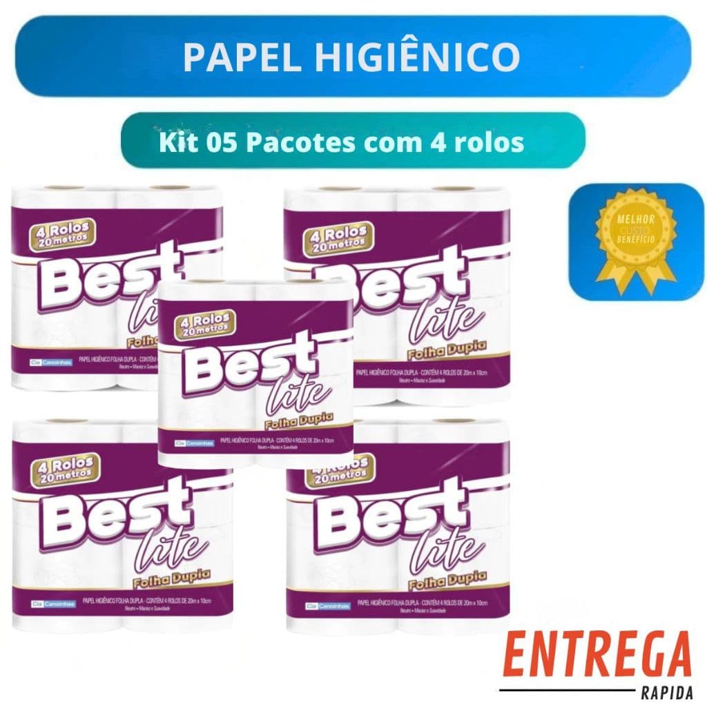 Kit 5 Pacotes Com 4 Rolos Cada Papel Higiênico Best Lite Tipo C 20m Folha Dupla Neutro – Macio, Econômico e Versátil