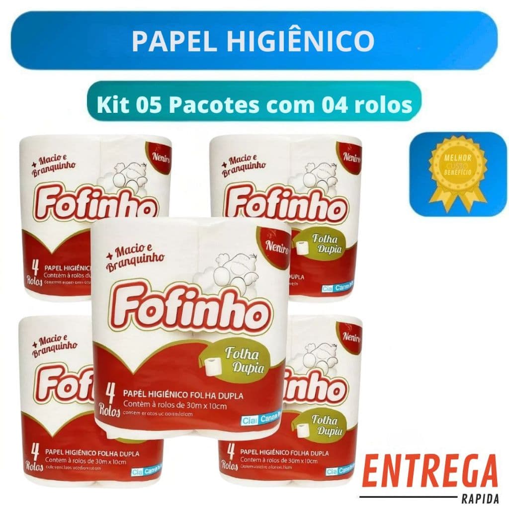 Kit 20 Rolos Papel Higiênico Folha Dupla 30m Fofinho Luxo | 5 Pacotes com 4 Rolos Cada