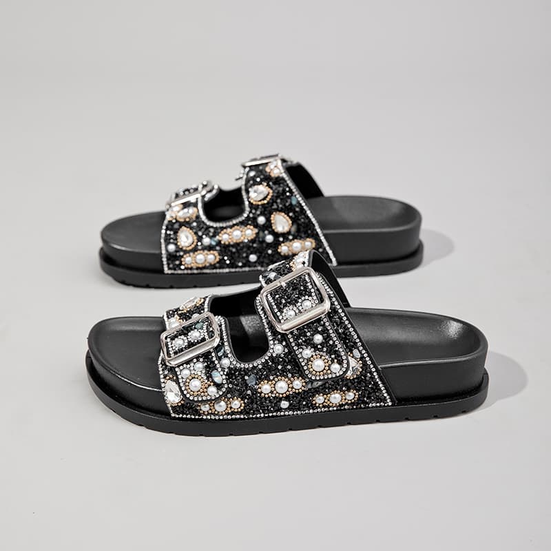Papete feminina Pérolas de strass de luxo sandália diferente feminina com fivela