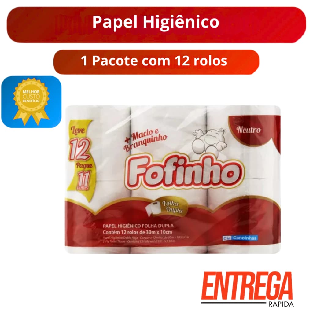 Papel Higiênico Kit 12 Rolos Fofinho Neutro Folha Dupla 30m Alta Maciez Absorção Econômico Uso Residencial e Comercial