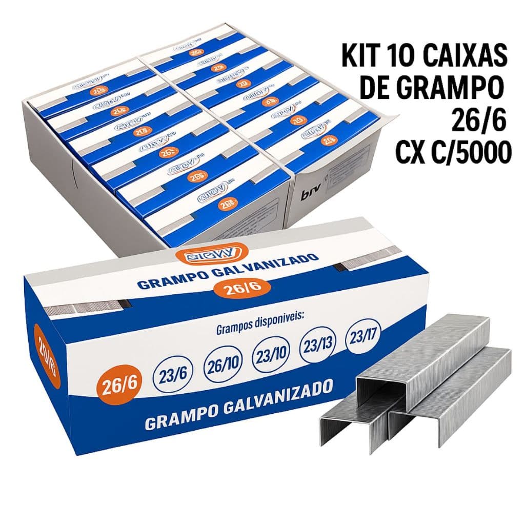 Kit 10 Caixas Grampo 26/6 Galvanizado com 5.000 Unidades Cada Ideal Escritório Comercio Escolas