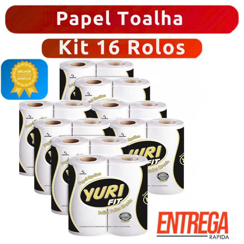 Kit com 16 Rolos de Papel Toalha Branco Yuri Fit para Cozinha – Alta Absorção, Resistência