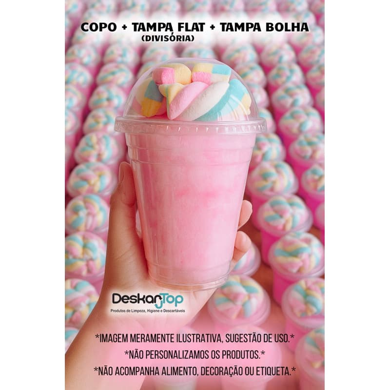 Kit Copo Bolha + Tampa Flat Divisória 300ml/400ml/500ml para Doces Copo da Felicidade