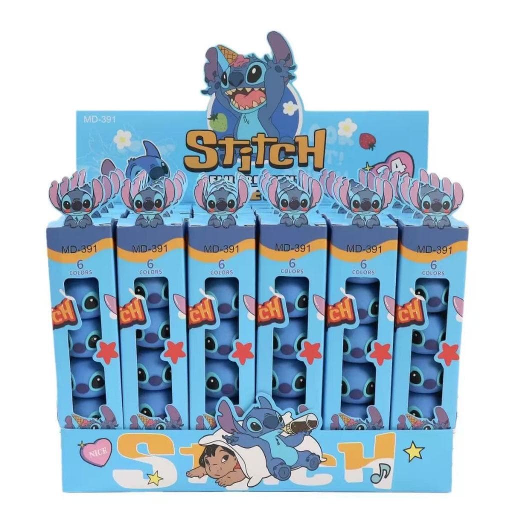 Caneta Mini Marca Texto Fofo Formado Stitch Azul Com 5 Cores dioro