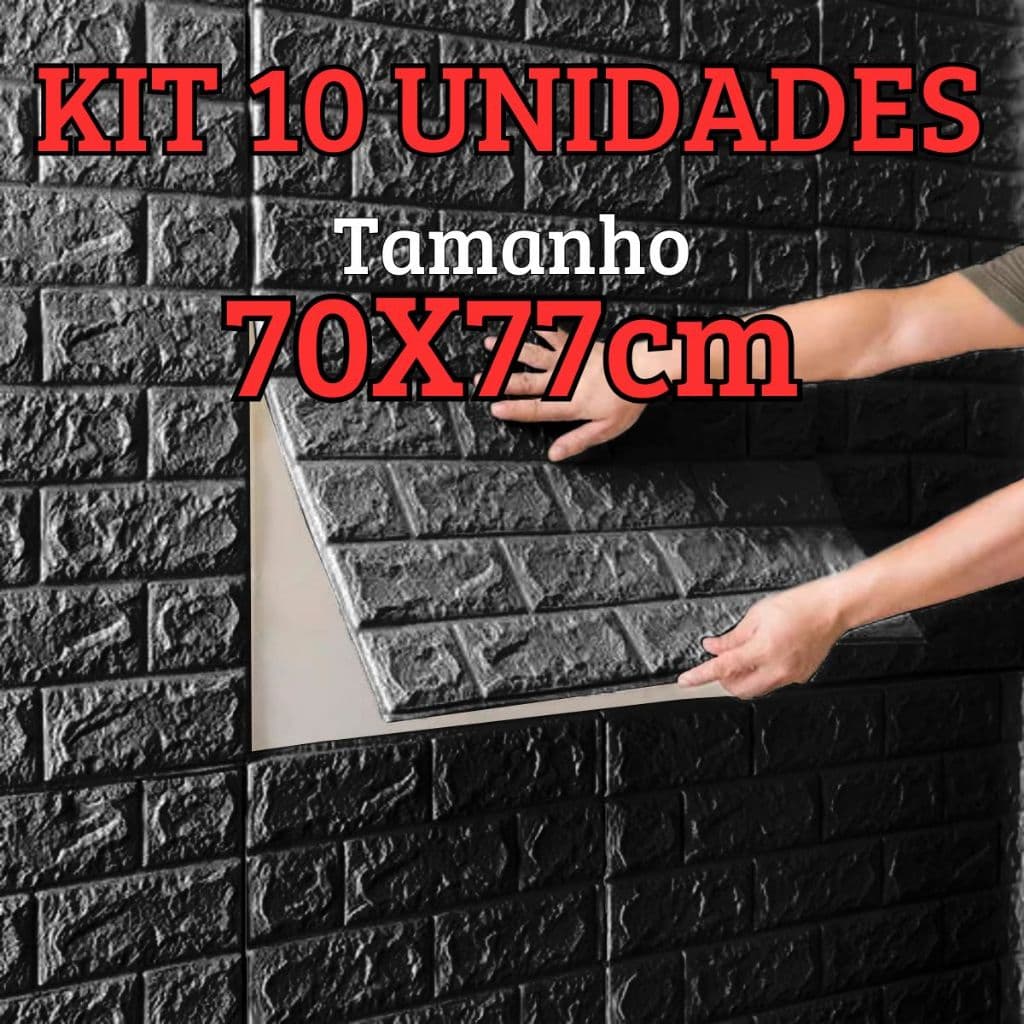 Kit 10 Placas 3D Tijolinho Preto 70x77cm Auto Adesivo Espuma Revestimento de Parede