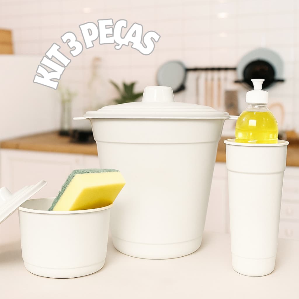 Kit Pia 3 Peças Cozinha Lixeira, Porta Sabão e Detergente Esponja Bucha Organizador