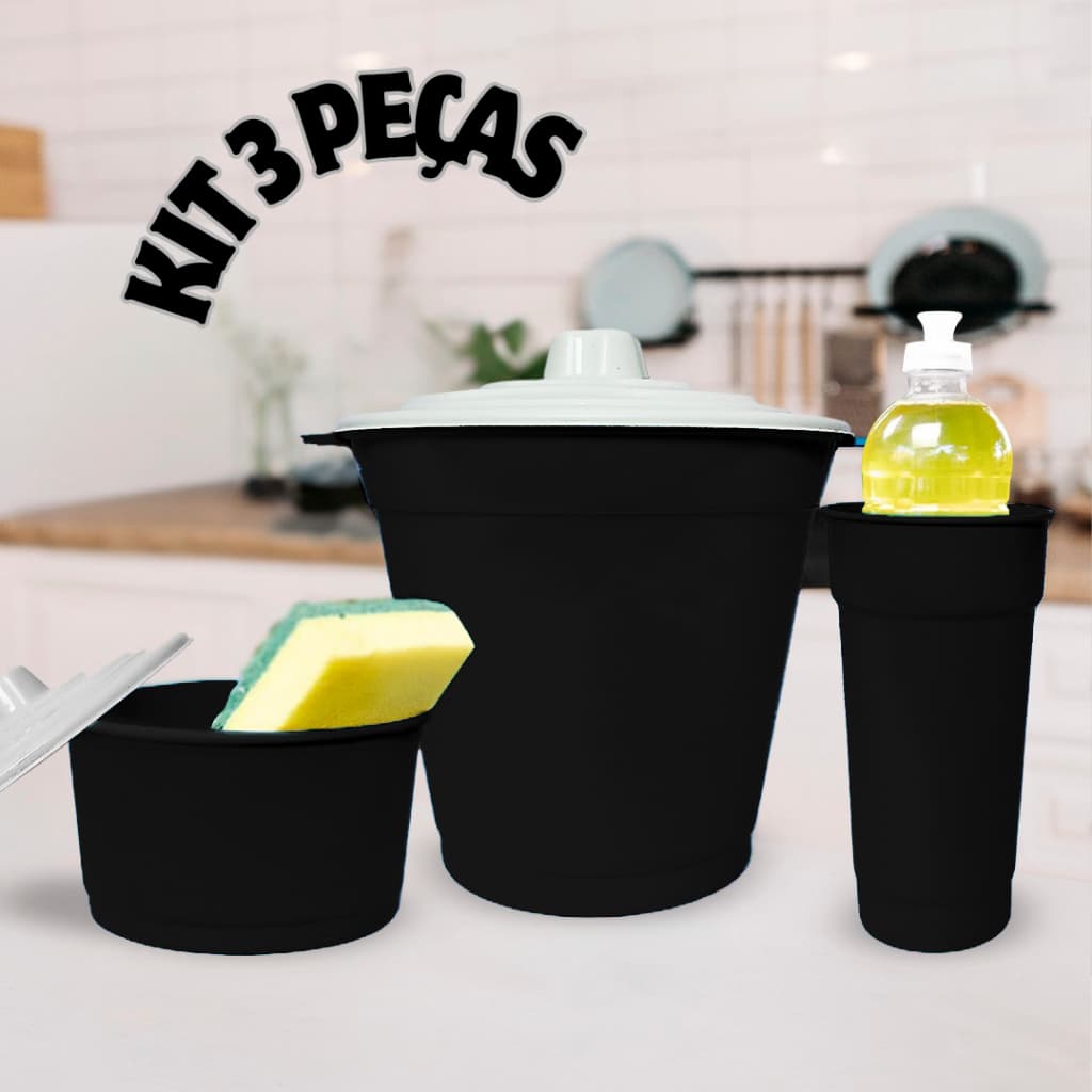 Kit Pia 3 Peças Cozinha Lixeira Lixinho Porta Sabão Detergente e Esponja Bucha
