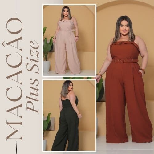 Macacão Feminino Plus Size Alfaiataria Elegante Alça Regulável Com Cinto
