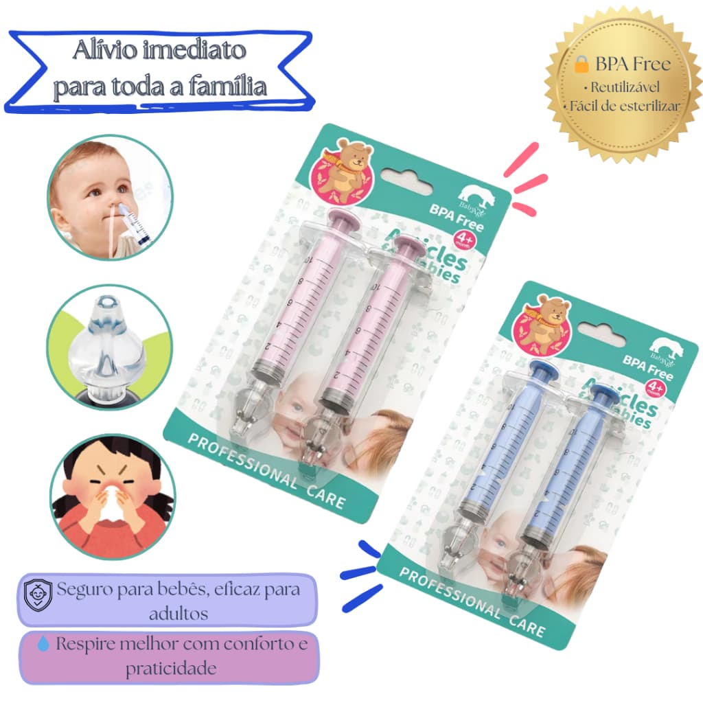 Kit 2 Seringas Nasal Aspirador Manual – Limpeza Nariz Bebê, Criança e Adulto – BPA Free, Bico de Silicone, Reutilizáve