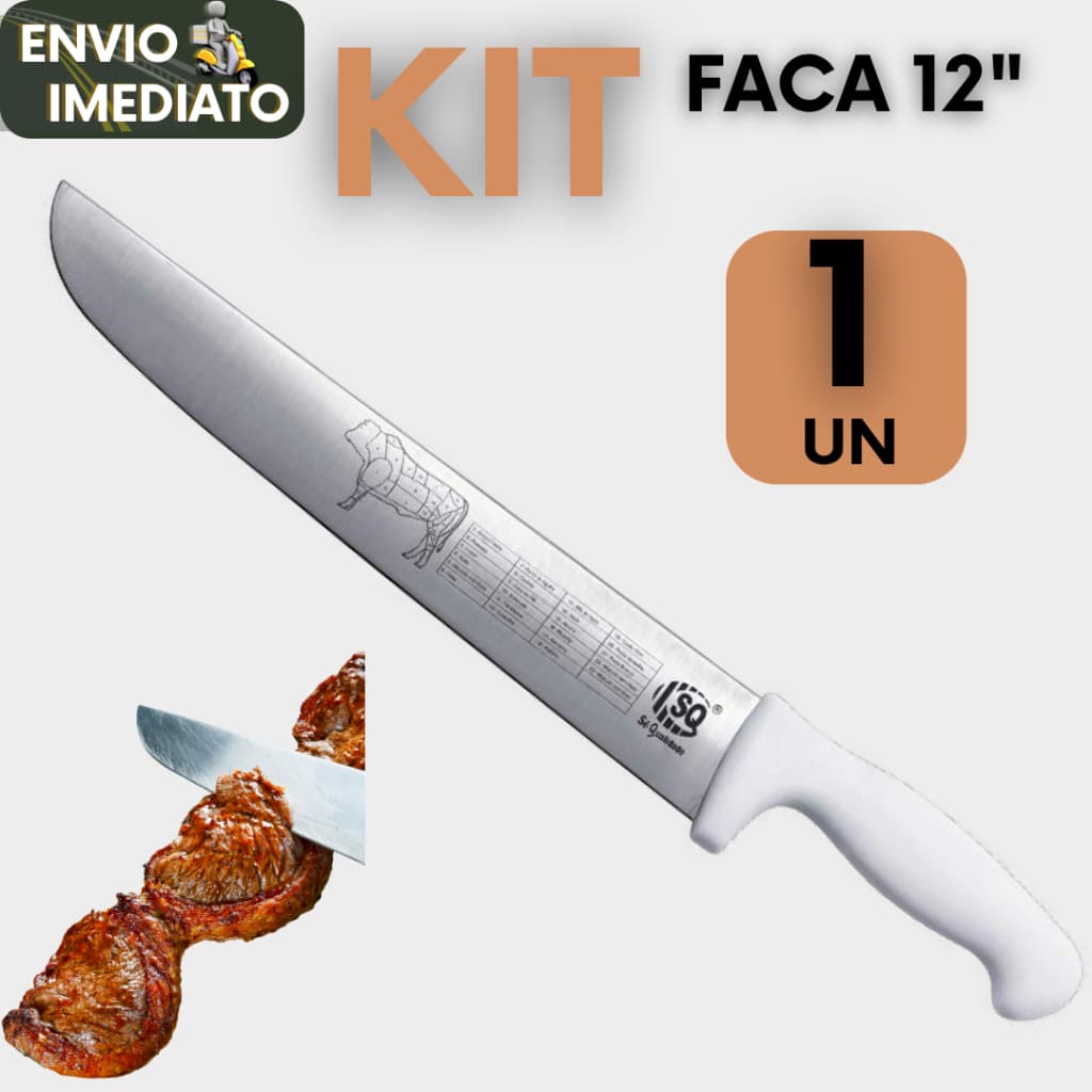 1 Faca Em Aço Inox 12" Cabo Branco Do Açougueiro e Churrasqueiro Profissional Para Cozinha e Açougue