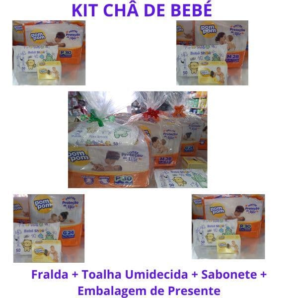 Kit  ( Pom Pom ) Chá de Bebe  Fralda + Toalha Umidecida 50un + Sabonete 70gr