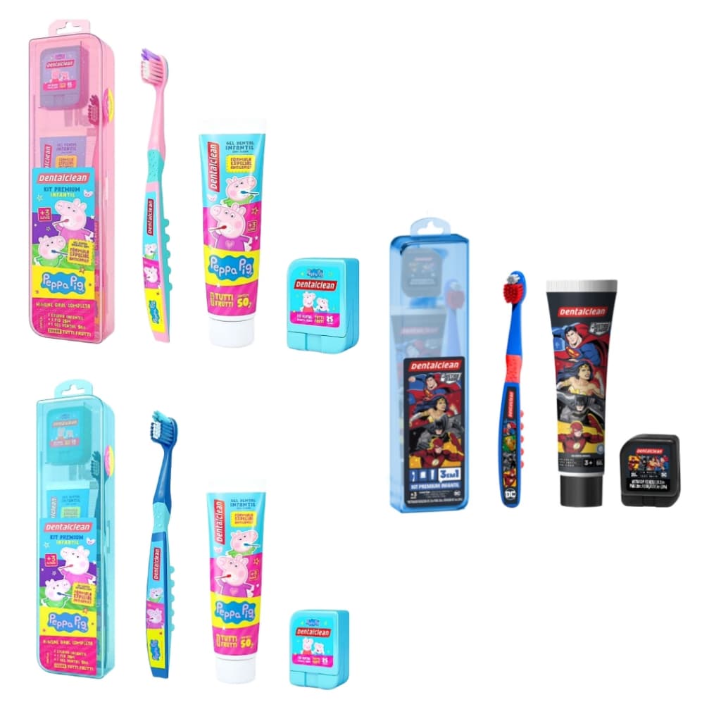 Kits Escova de dente infantil + Fio dental + Gel dental Peppa Pig ou Liga da Justiça Atacado