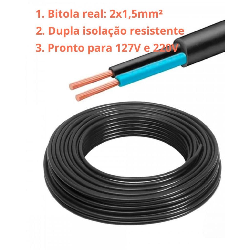 Cabo PP Elétrico 2x1.5mm – Metragem 10m 15 m 20m 25m 30m – Flexível e Resistente