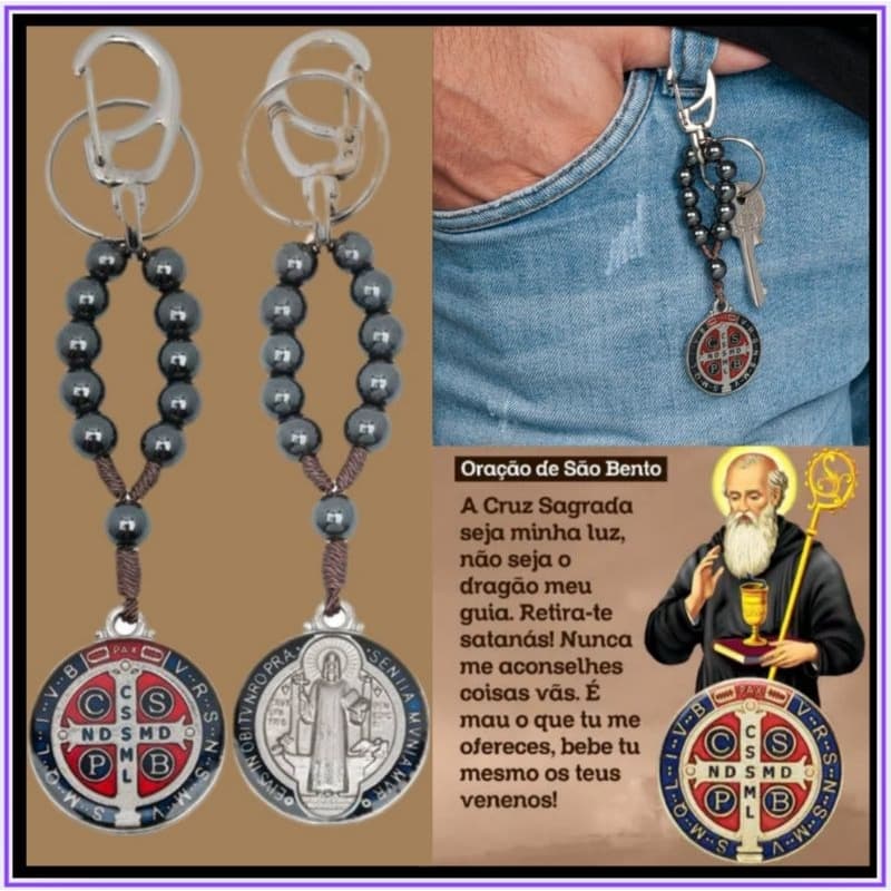 Chaveiro Terço Dezena Em Pedras de Hematita e Medalha de São Bento - Adorno Religioso Católico