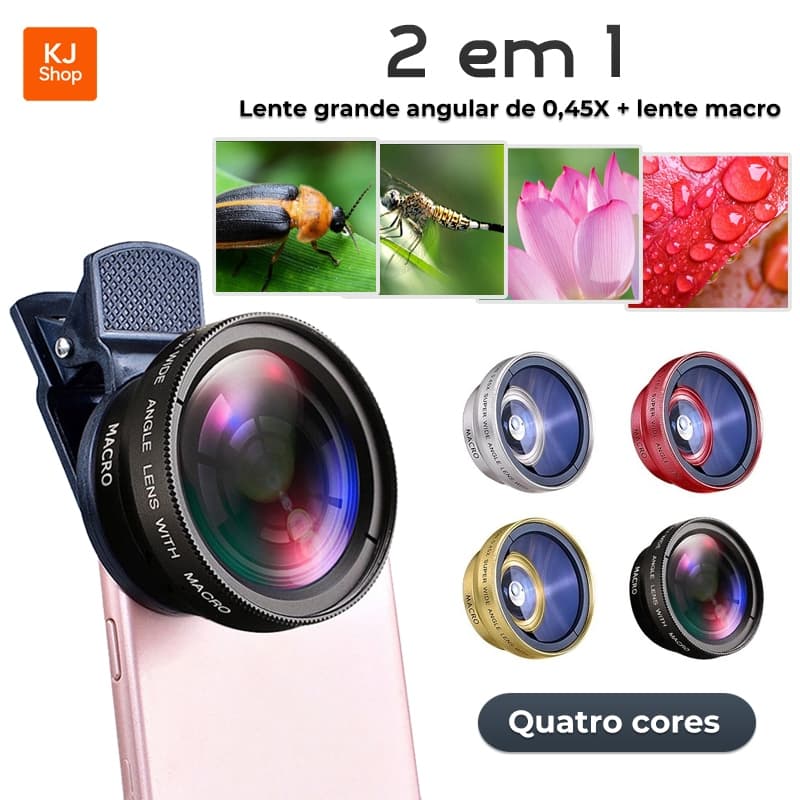 Lente 2 em 1 Para Celular 0,45X Ultra Grande Angular + Macro 12.5x com Clipe Universal Profissional