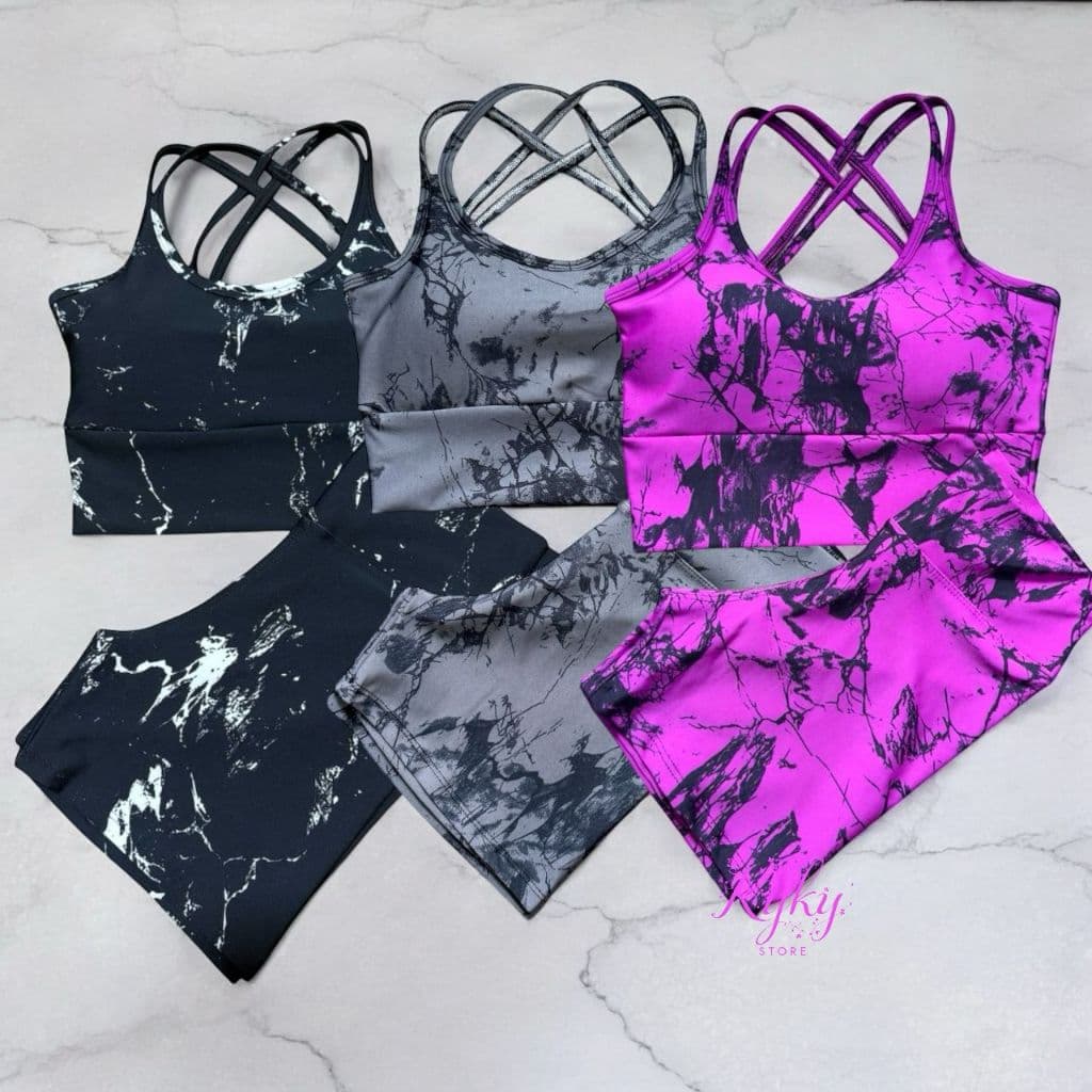 Kit 3 Conjunto Short Top Trançado ou Alça Bojo Rem Fitness Academia Dança Ciclismo Meia Coxa Tie Dye