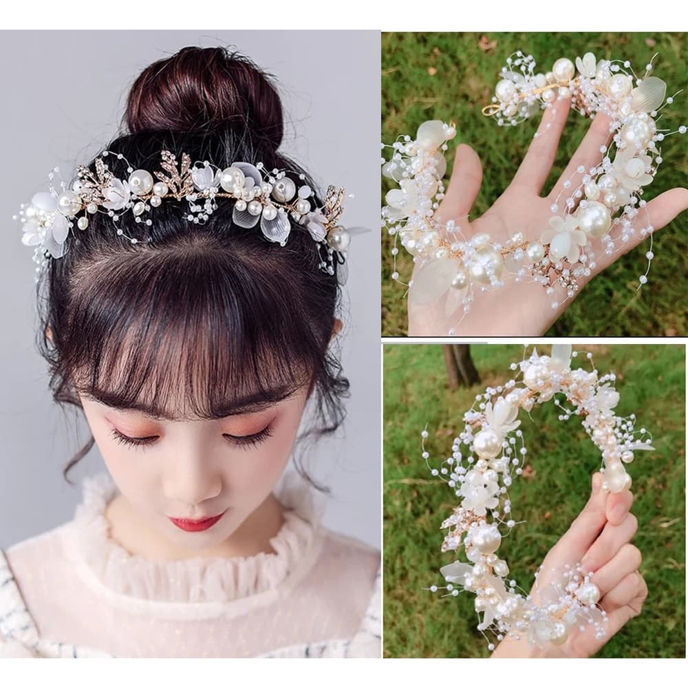 Kit 2 Tiaras de Flores Naturais e Pérolas para Daminhas Acessórios De Cabelo Para Festas Branco