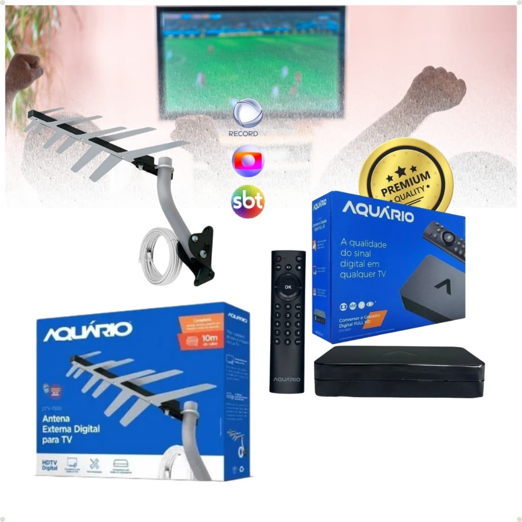 Kit Conversor Digital DTV-9000 E Antena DTV-1500 Externa Aquario Full HD Kit Instalação Completo