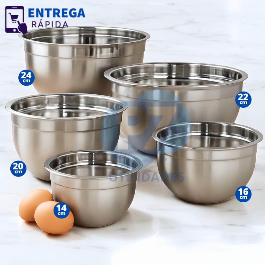 Jogo de Bowl Inox 5 Peças Tigela Inox Empilhável 14cm 16cm 20cm 22cm 24cm Gamela Bacia Cozinha