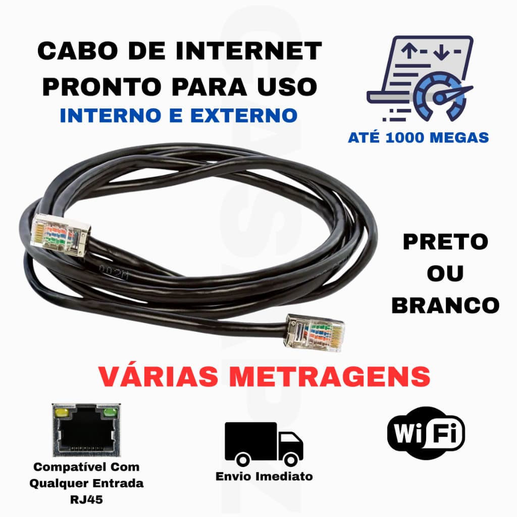 Cabo De Rede RJ45 1GB Internet Pc Notebook Roteador Smart Tv Video Games 1/3/5/10/15/20/25/30 Metros